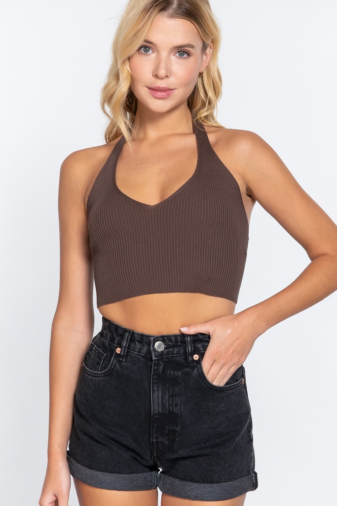 Crop Top Cafe Cuello V con Lazos en Espalda MINX BOUTIQUE