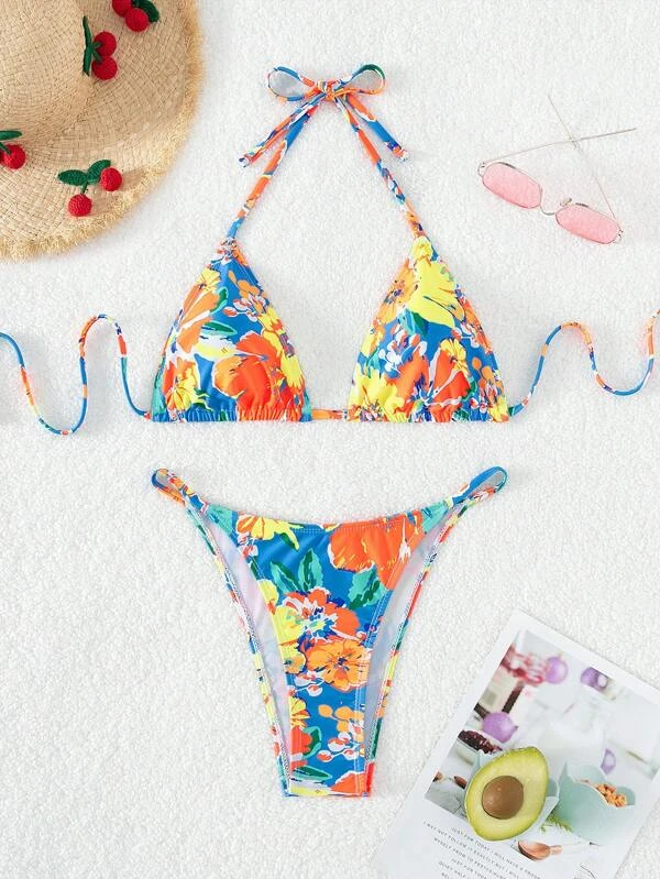 Bikini Floral Azul y Naranja Halter Triangle