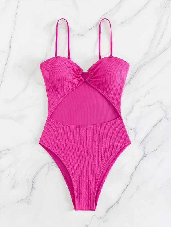 Traje de Baño Rosa Completo Tiro Alto