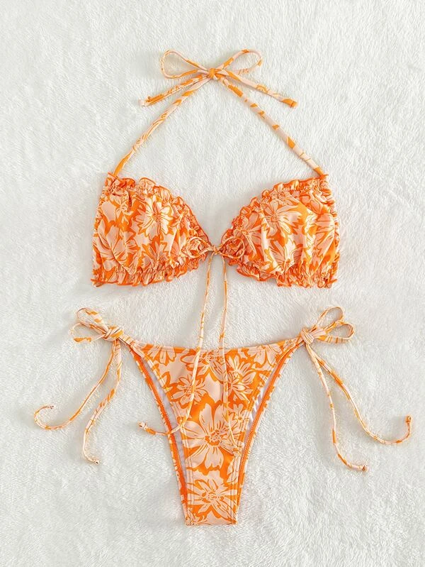 Bikini 2PCS Naranja Fruncido Halter Tiangle