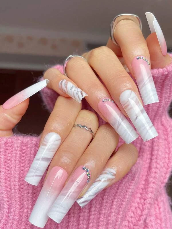 Kit 24PCS de Uñas Postizas Blanco y Rosa