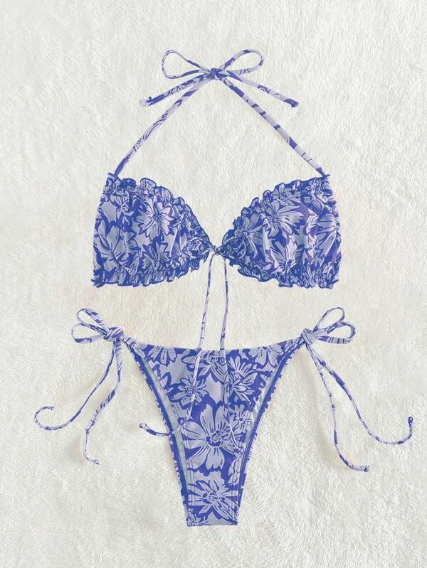 Bikini 2PCS Morado Fruncido Halter Tiangle