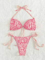 Bikini 2PCS Rosa Fruncido Halter Tiangle