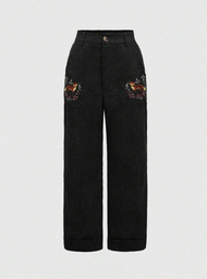 [sz2408212979573736 shein] Pantalon Negro Bordado Flores